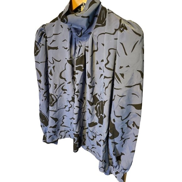 Vintage 90s Mark Stuart Blue Black High Neck Long Sleeve Blouse - Picture 2 of 14